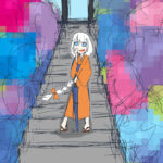 アジサイが左右に咲く階段の中腹でこちらを向いたオレンジの浴衣を着た紲星あかりが傘を杖代わりにしながらこちらに声をかけてくる、奥には黒い鳥居