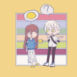 レモンを本棚の前で持っている琴葉茜と、それに対して疑問を持っている伊織弓鶴